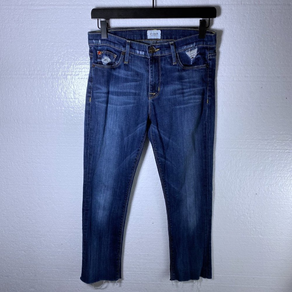 Hudson Women's Size 26 Dark Wash Skinny Raw Hem Jeans Denim Stretch Mid Rise